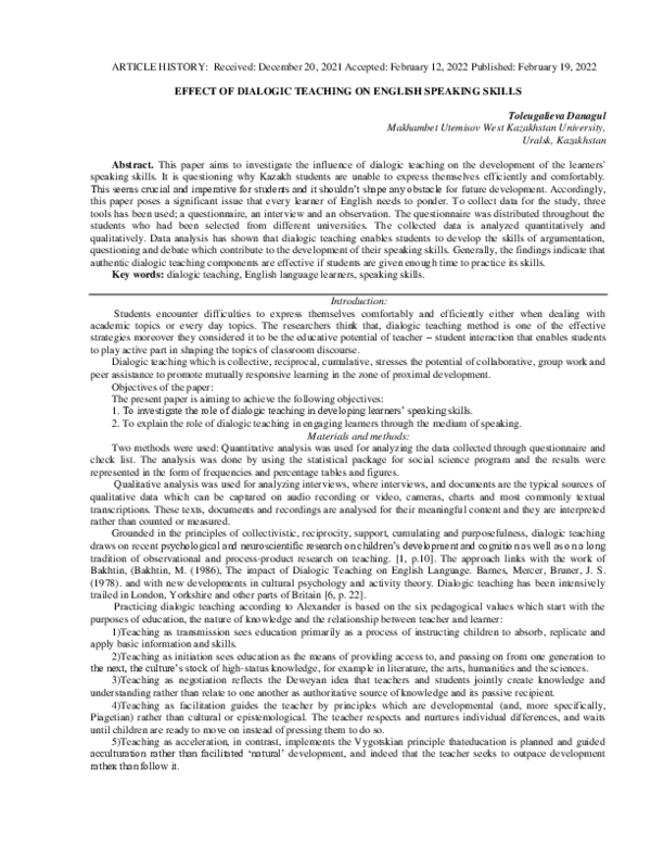 (PDF) Effect of Dialogic Teaching on English Speaking Skills