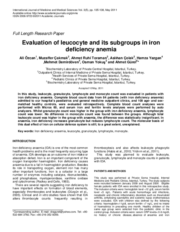 (PDF) Evaluation of leucocyte and its subgroups in iron deficiency anemia