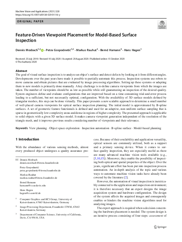 (PDF) Feature-Driven Viewpoint Placement for Model-Based Surface Inspection
