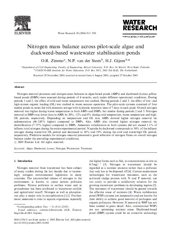 (PDF) Nitrogen mass balance across pilot-scale algae and duckweed-based ...