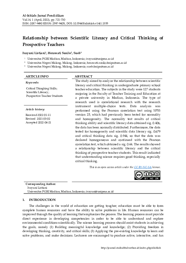 (PDF) Relationship between Scientific Literacy and Critical Thinking of ...