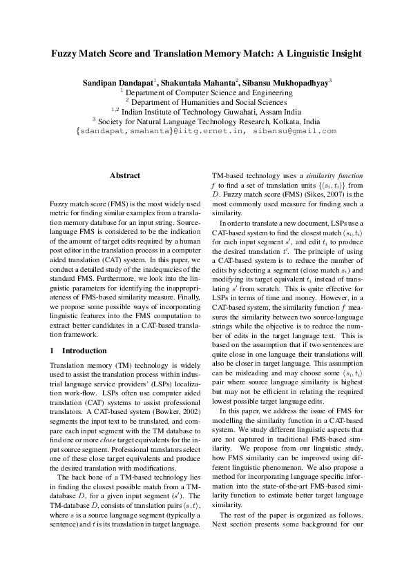 (PDF) Fuzzy Match Score and Translation Memory Match : A Linguistic Insight