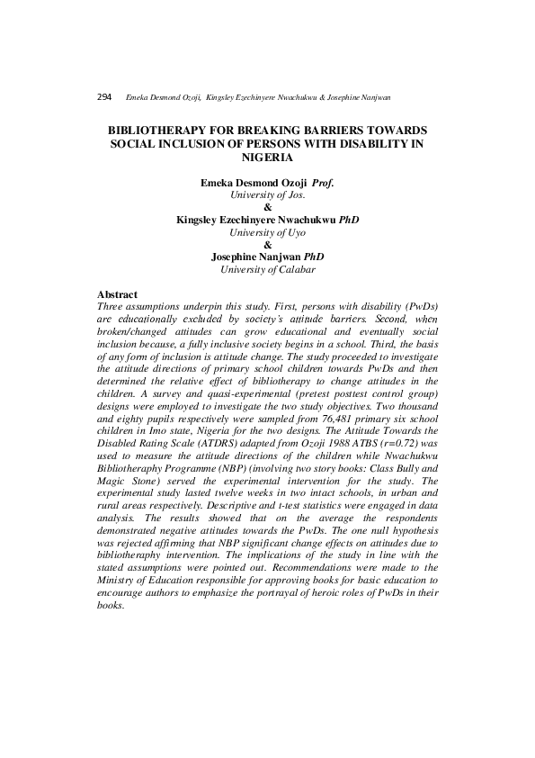 (PDF) Bibliotherapy for Breaking Barriers Towards Social Inclusion of ...