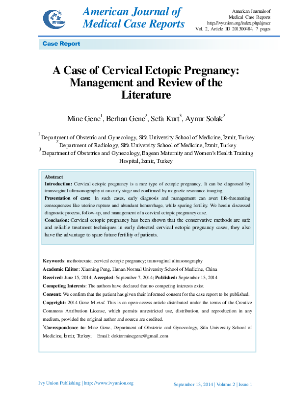 (PDF) A Case of Cervical Ectopic Pregnancy: Management and Review of ...