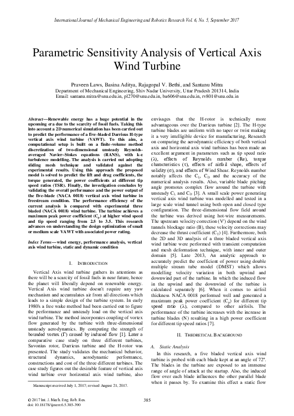 (PDF) Parametric Sensitivity Analysis of Vertical Axis Wind Turbine