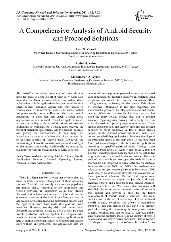 (PDF) A Comprehensive Analysis of Android Security and Proposed Solutions