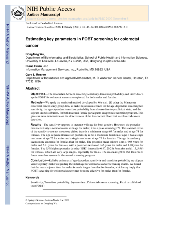 (PDF) Estimating key parameters in FOBT screening for colorectal cancer