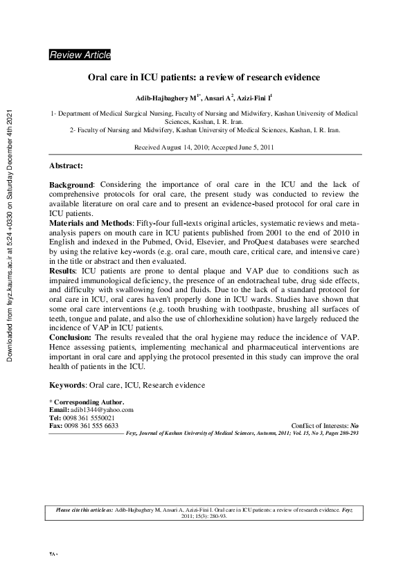 (PDF) Oral care in ICU patients a review of research evidence Akram