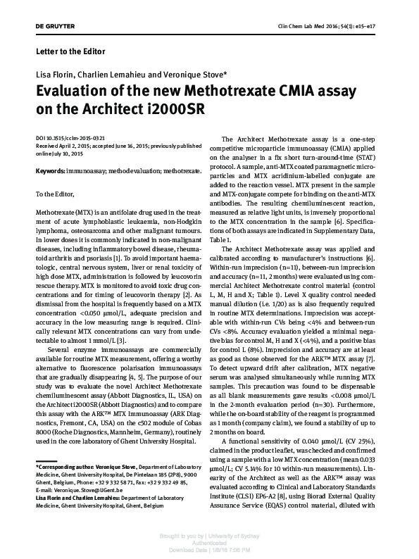 (PDF) Evaluation of the new Methotrexate CMIA assay on the Architect ...