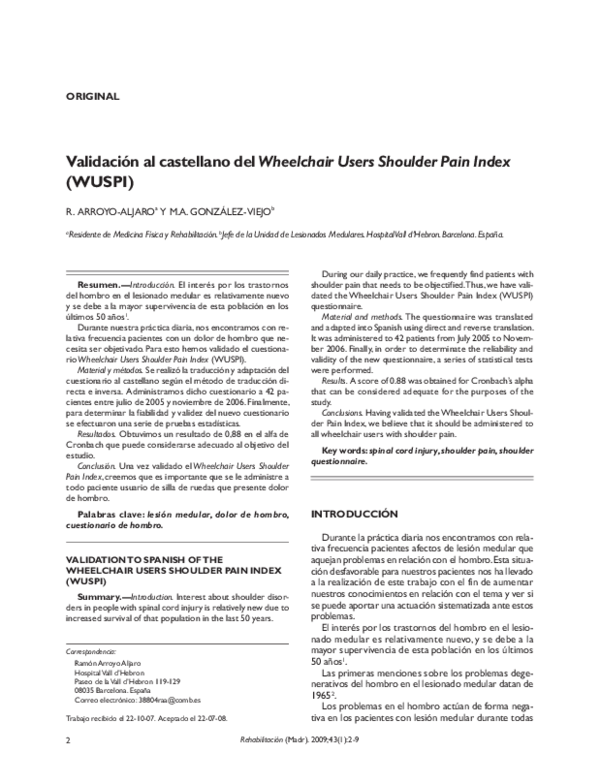 (PDF) Validación al castellano del Wheelchair Users Shoulder Pain Index