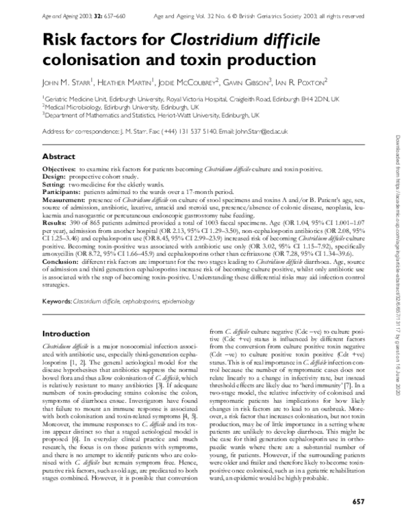 (PDF) Risk factors for Clostridium difficile colonisation and toxin ...