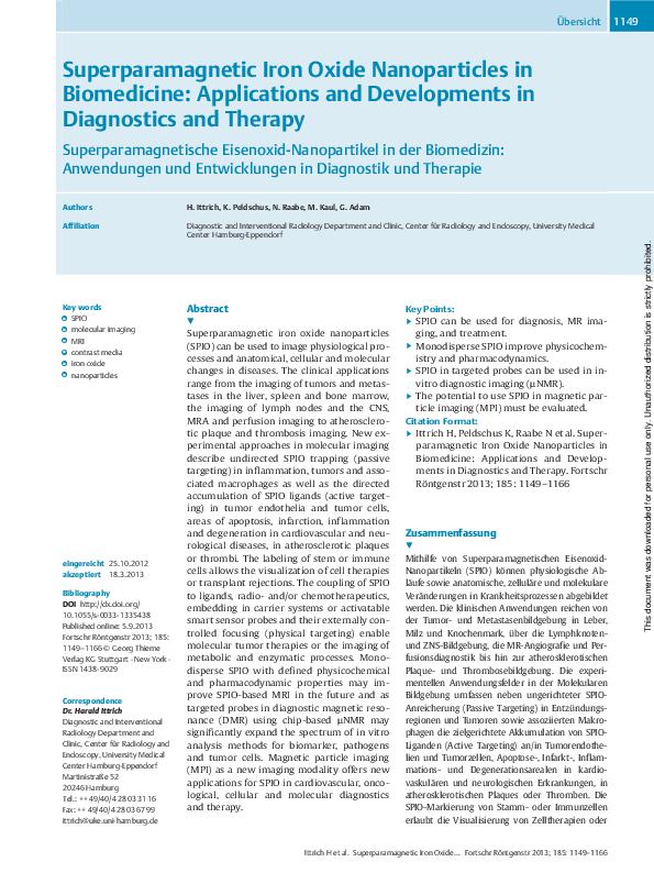 (PDF) Superparamagnetic Iron Oxide Nanoparticles in Biomedicine ...