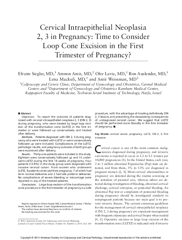 (PDF) Cervical Intraepithelial Neoplasia 2, 3 in Pregnancy