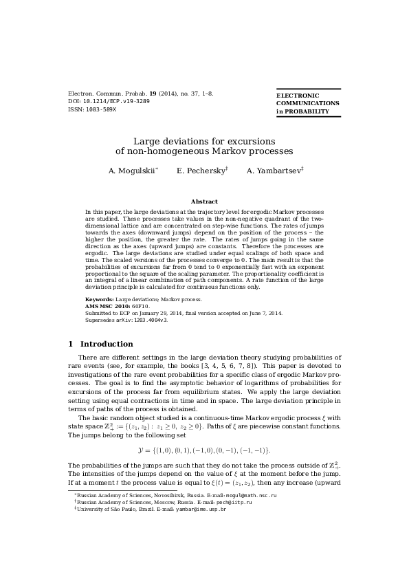 (PDF) Large deviations for excursions of non-homogeneous Markov processes