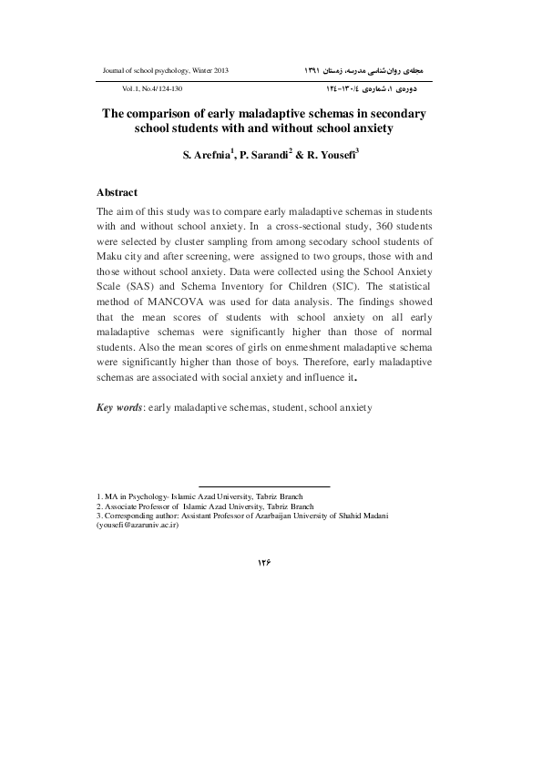 (PDF) The Comparison of Early Maladaptive Schemas in Secondary School ...