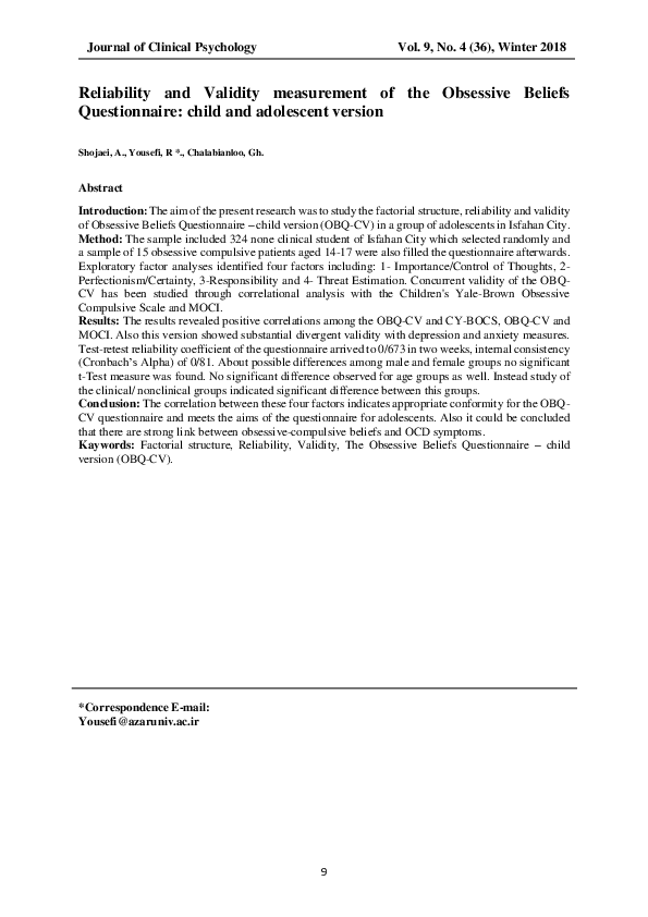 (PDF) Reliability and Validity measurement of the Obsessive Beliefs ...