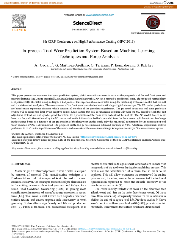 (PDF) In-process Tool Wear Prediction System Based on Machine Learning ...
