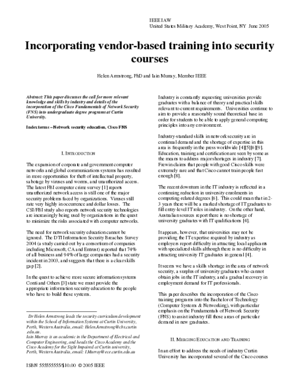 (PDF) Incorporating vendor-based training into security courses