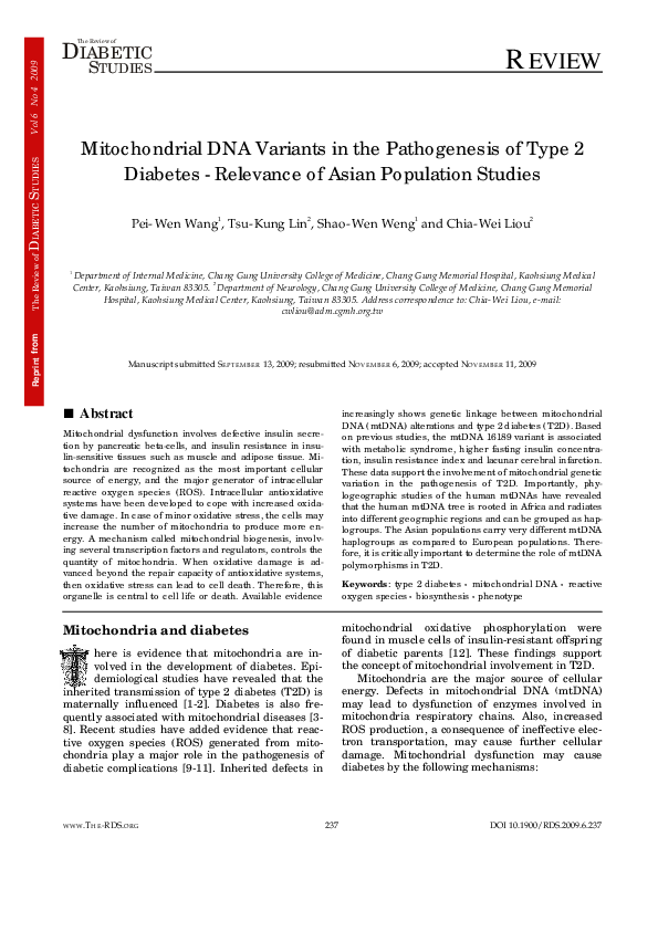 (PDF) Mitochondrial DNA variants in the pathogenesis of type 2 diabetes ...