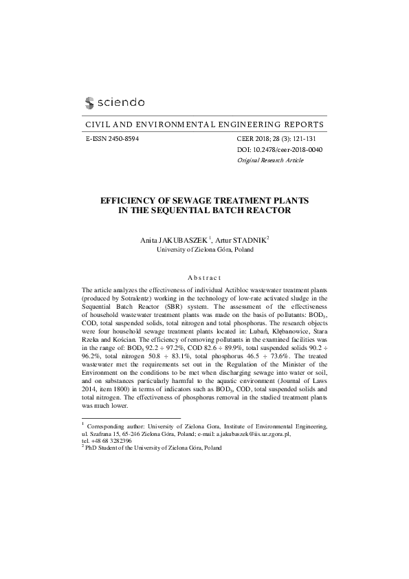 (PDF) Efficiency of Sewage Treatment Plants in the Sequential Batch Reactor