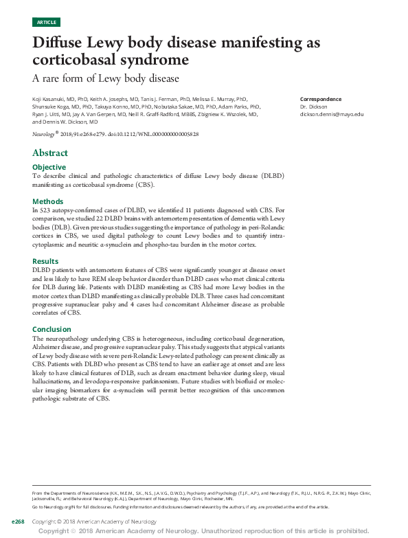 (PDF) Diffuse Lewy body disease manifesting as corticobasal syndrome: A ...