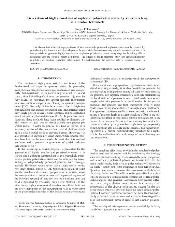 (PDF) Generation of highly nonclassicaln-photon polarization states by ...
