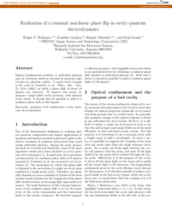 (PDF) Realization of a resonant non-linear phase flip in cavity quantum ...
