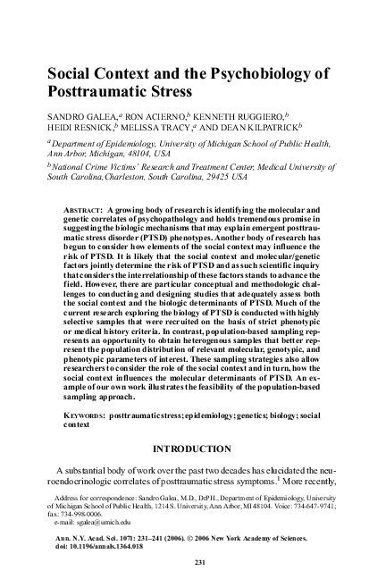 (PDF) Social context and the psychobiology of posttraumatic stress