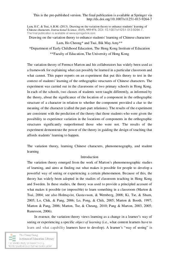 (PDF) Drawing on the variation theory to enhance students’ learning of ...