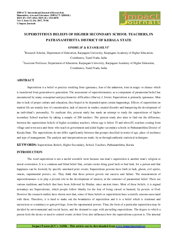 (PDF) SUPERSTITIOUS BELIEFS OF HIGHER SECONDARY SCHOOL TEACHERS, IN ...