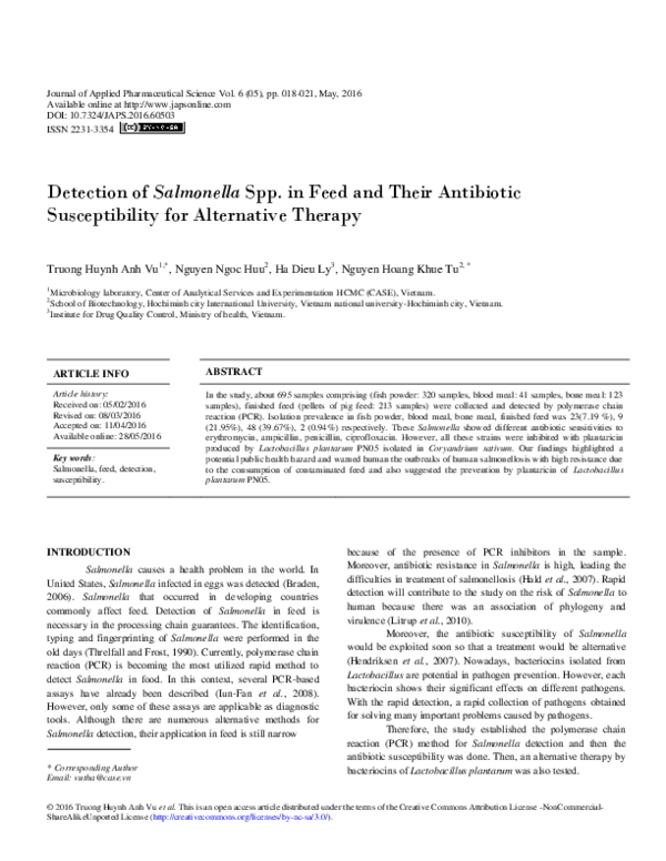 (PDF) Detection of Salmonella Spp. in Feed and Their Antibiotic ...