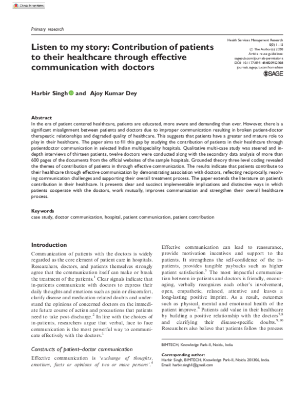 (PDF) Listen to my story: Contribution of patients to their healthcare ...