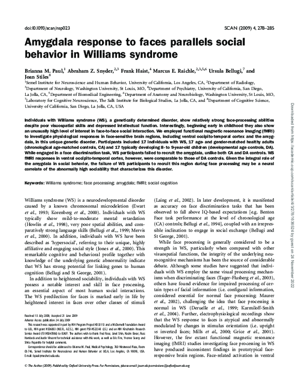 (PDF) Amygdala response to faces parallels social behavior in Williams ...