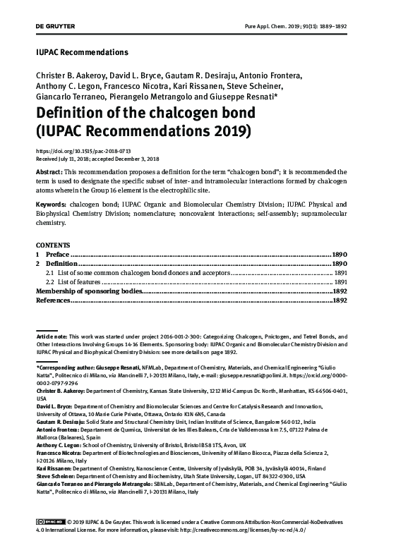 (PDF) Definition of the chalcogen bond (IUPAC Recommendations 2019)
