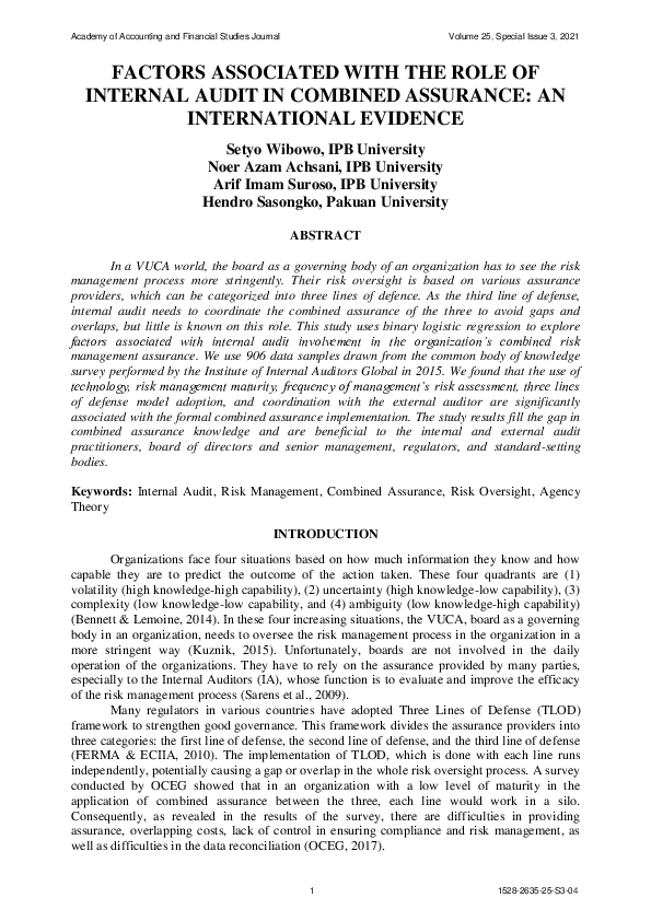 (PDF) Factors Associated With the Role of Internal Audit in Combined ...