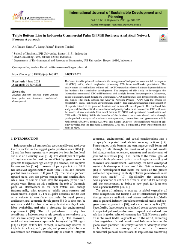 (PDF) Triple Bottom Line in Indonesia Commercial Palm Oil Mill Business ...