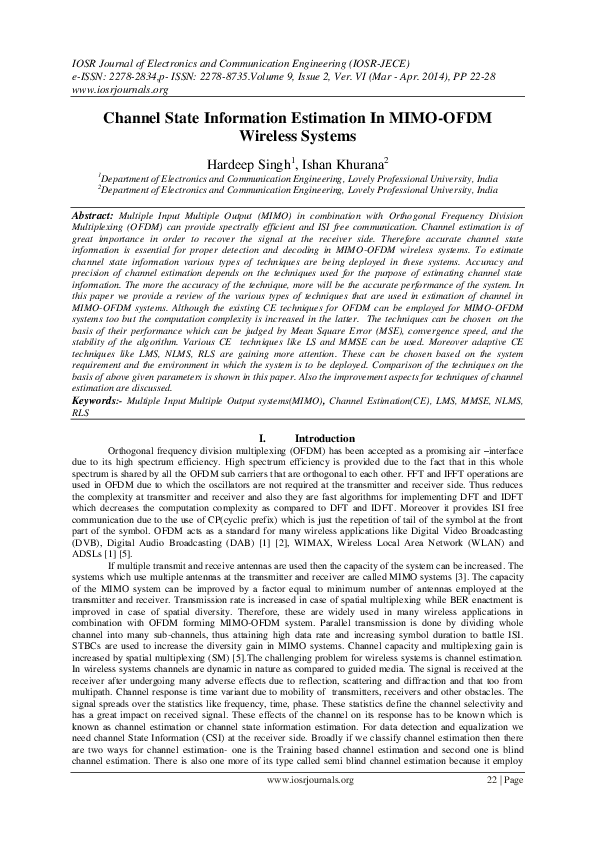 (PDF) Channel State Information Estimation In MIMO-OFDM Wireless Systems