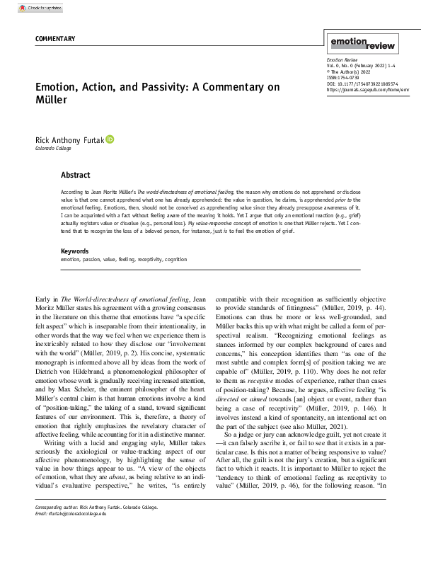 (PDF) Emotion, Action, and Passivity Rick Anthony Furtak Academia.edu