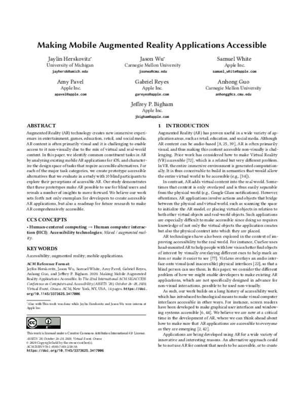 (PDF) Making Mobile Augmented Reality Applications Accessible