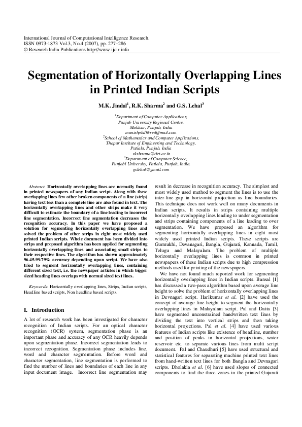 (PDF) Segmentation of Horizontally Overlapping Lines in Printed Indian ...