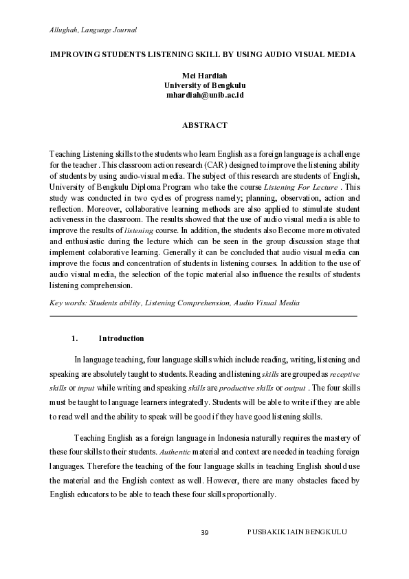(PDF) Improving Students Listening Skill by Using Audio Visual Media