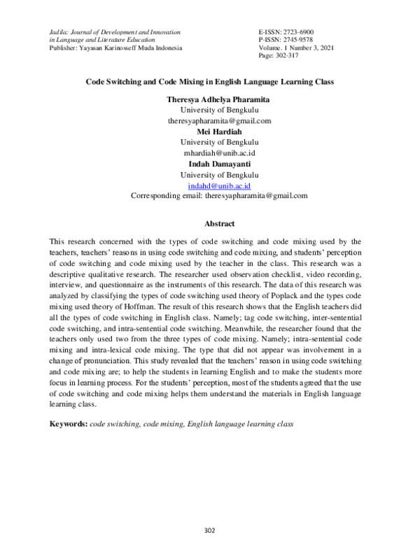 (PDF) Code Switching and Code Mixing in English Language Learning Class