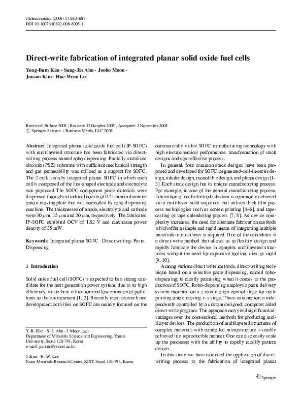 (PDF) Direct-write fabrication of integrated planar solid oxide fuel cells