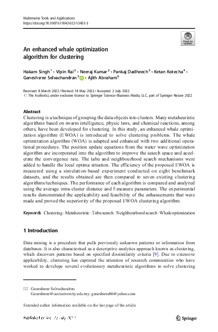 (PDF) An enhanced whale optimization algorithm for clustering