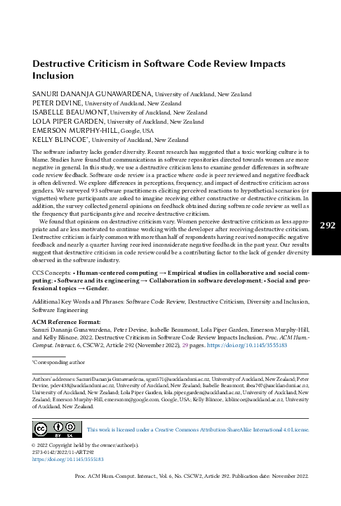Pdf Destructive Criticism In Software Code Review Impacts Inclusion
