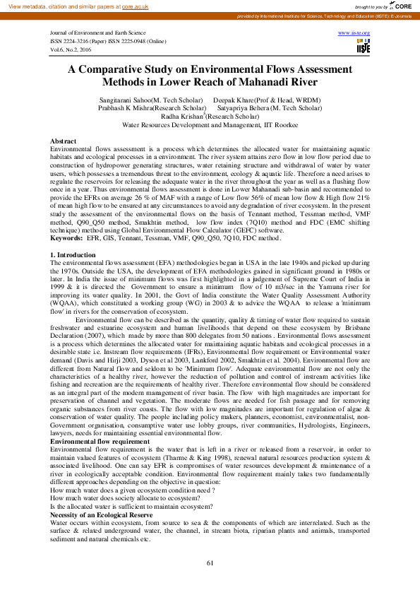 (PDF) A Comparative Study on Environmental Flows Assessment Methods in ...