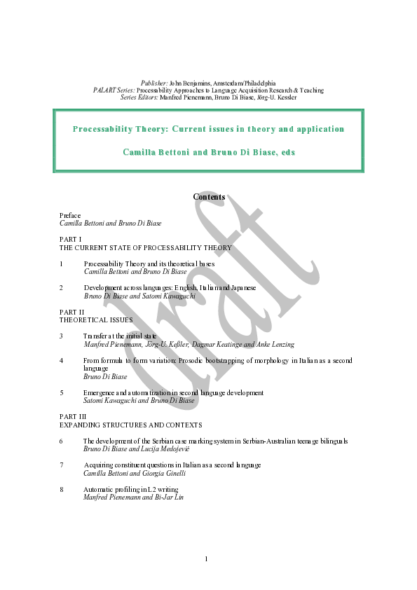 (PDF) Processability Theory: Current issues in theory and application