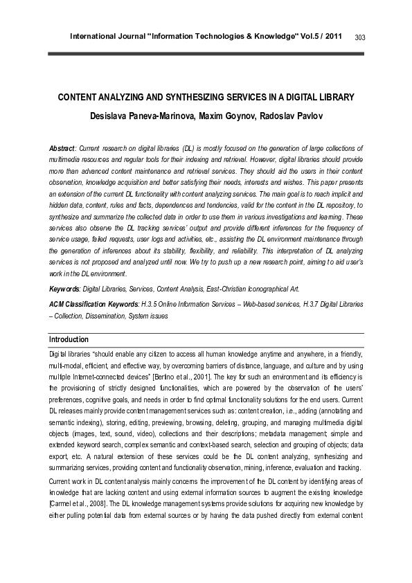 (PDF) Content Analyzing and Synthesizing Services in a Digital Library