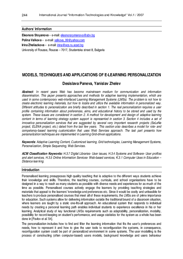 (PDF) Models, techniques and applications of e-learning personalization