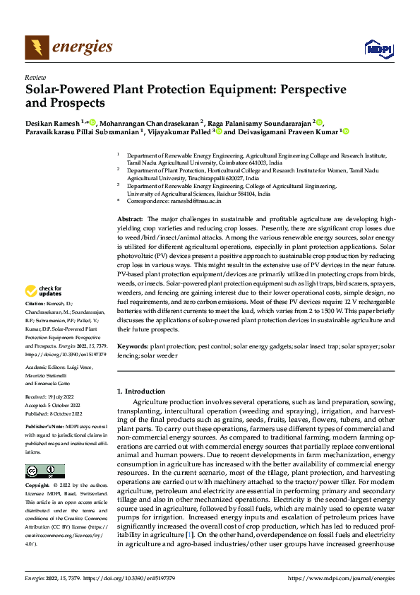 (PDF) SolarPowered Plant Protection Equipment Perspective and